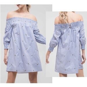 J.O.A. Blue white Striped Floral lined Off-Shoulder Top/Tunic/Mini Dress